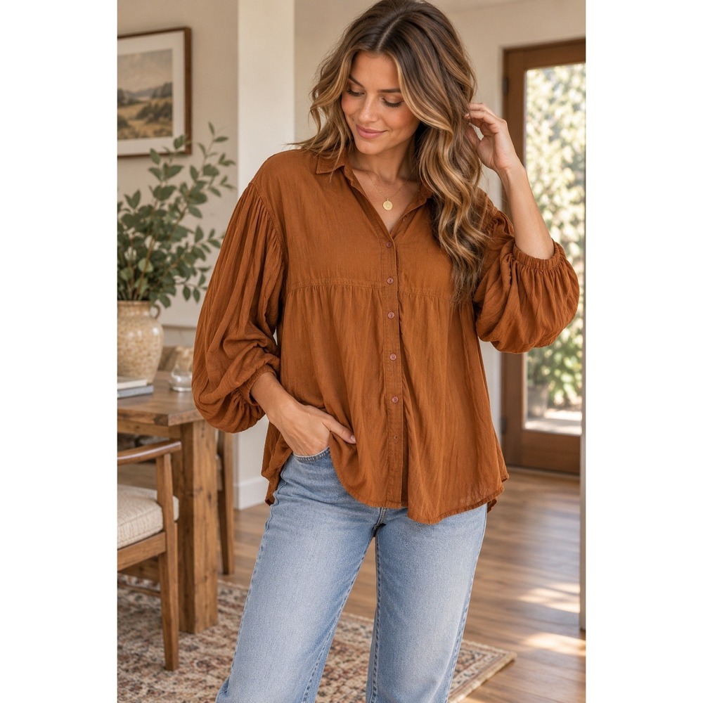 VTG! Tianello 2-Piece Brown Rayon Blouse Shirt Tiered Maxi Skirt Set M USA Boho